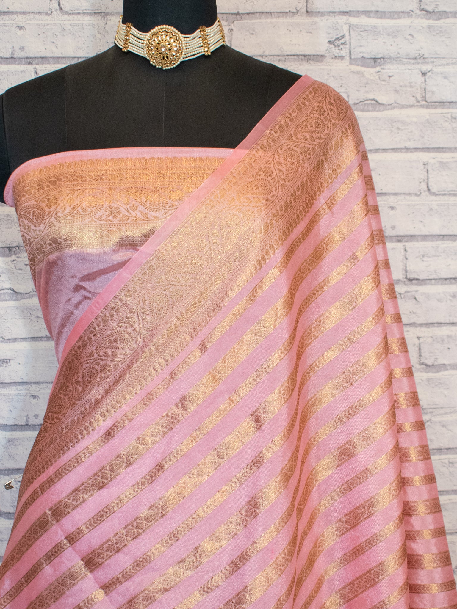 Banarasi Semi Cotton Saree Antique Weaving &  Border- Pink
