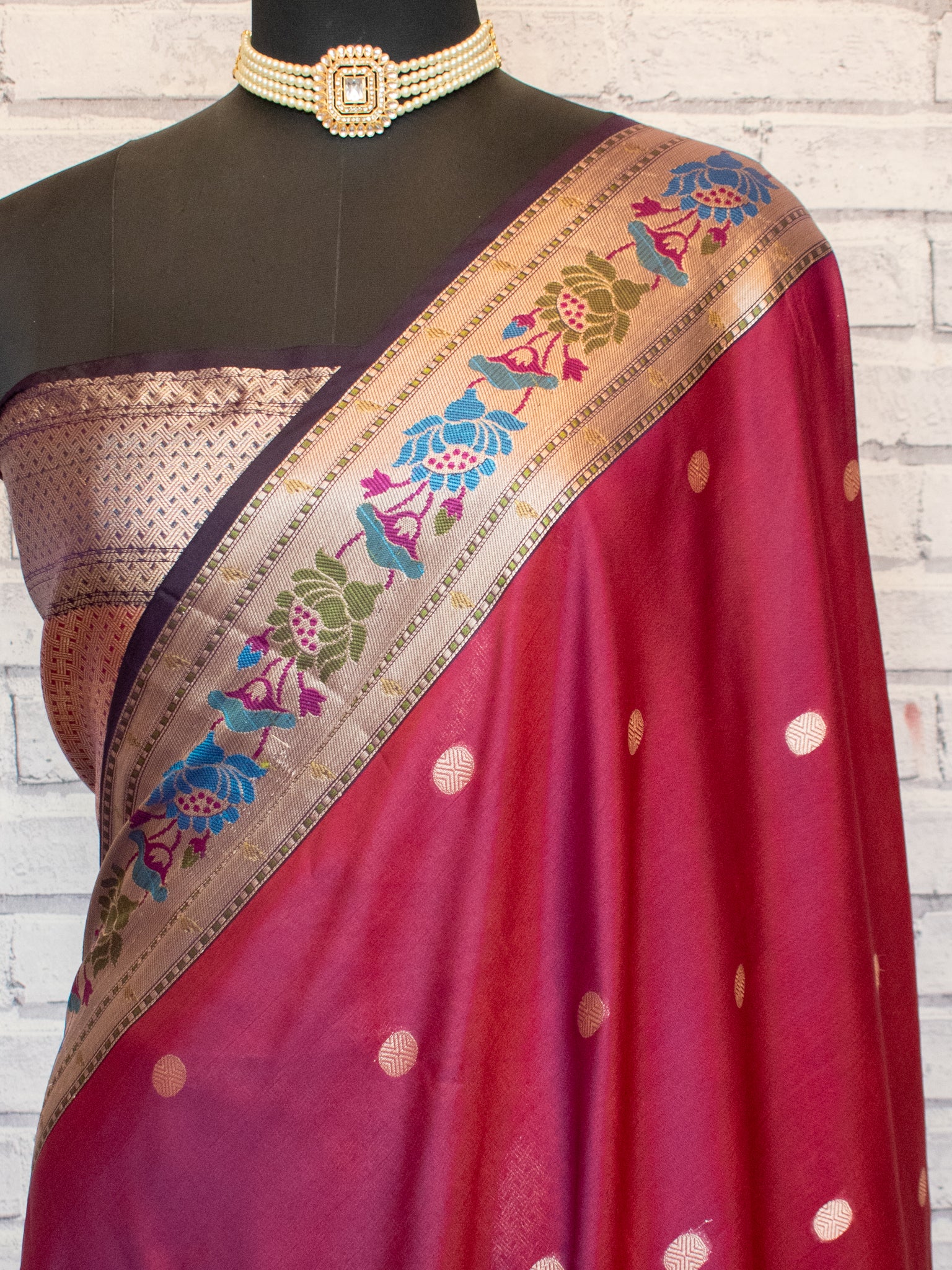 Banarasi Semi Silk Saree with Zari Buti Weaving & Border- Wine
