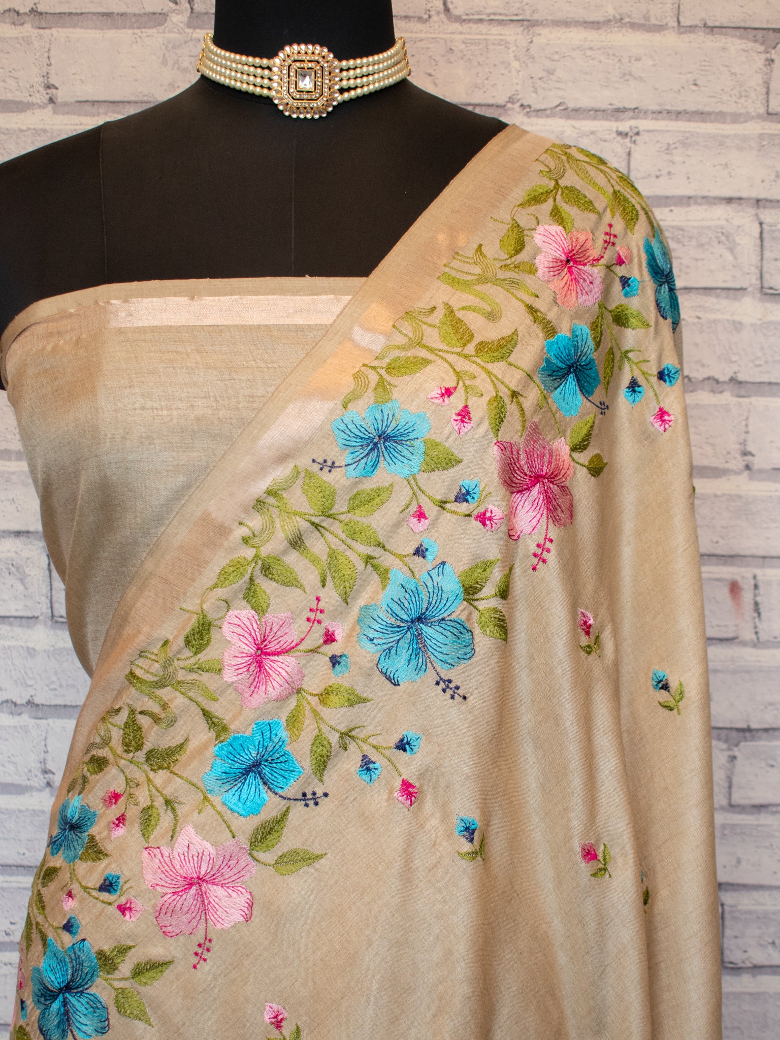 Floral Embroidered Tassar Silk Saree- Beige
