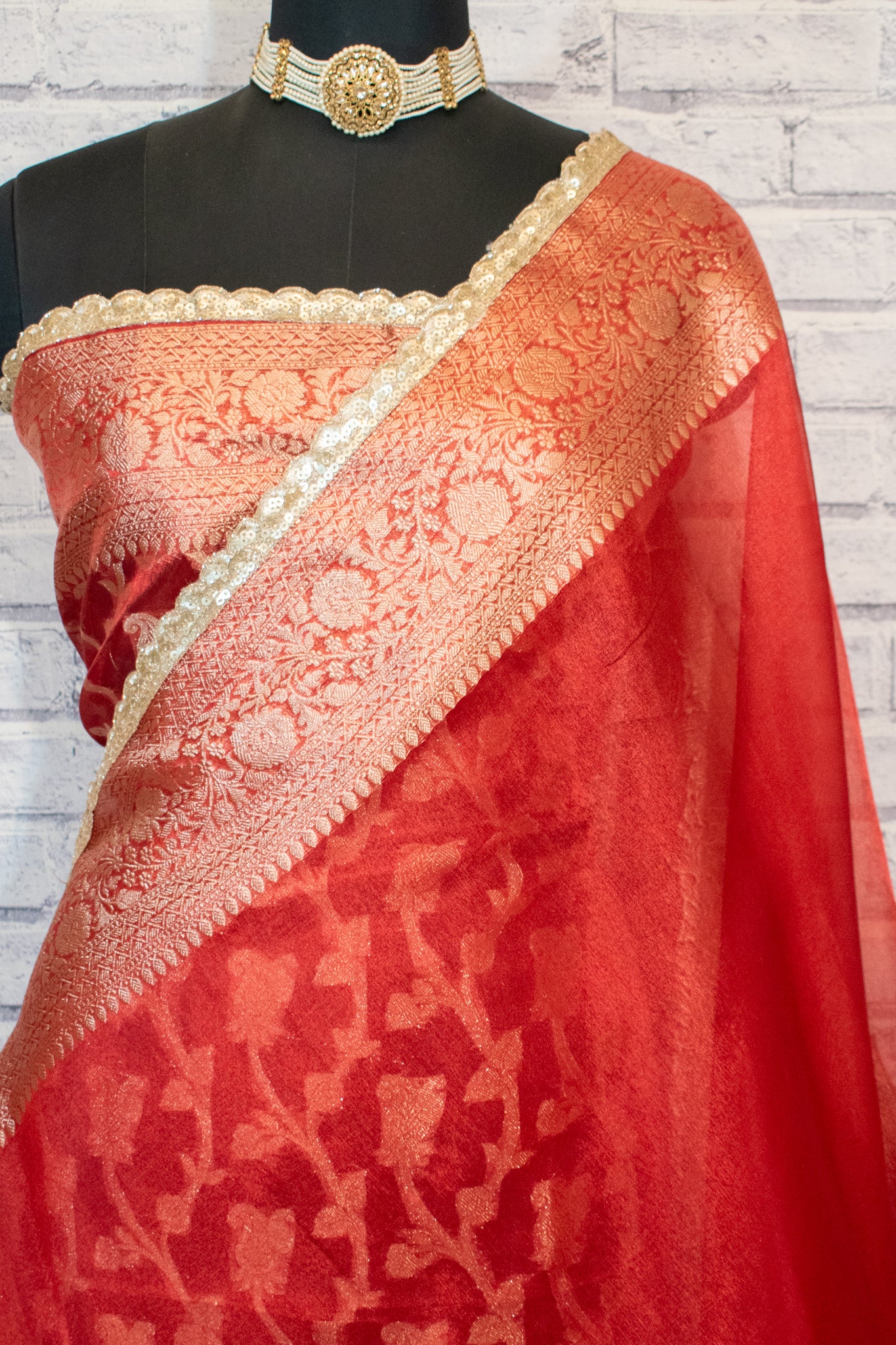 Banarasi Tissue Saree With Lace Border - Red