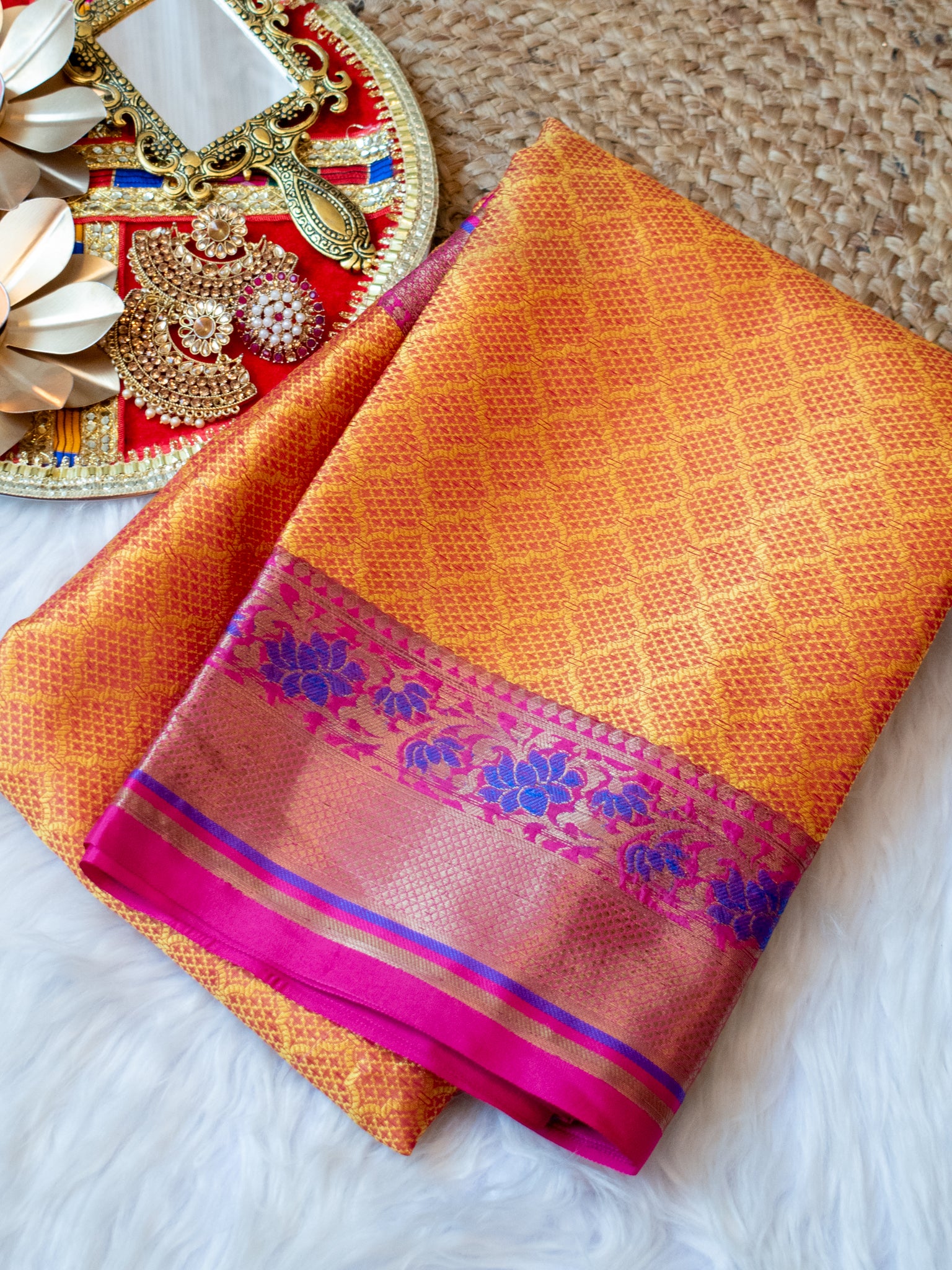 Banarasi Kora Muslin Saree With Tanchoi Weaving and Floral Border-Yellow
