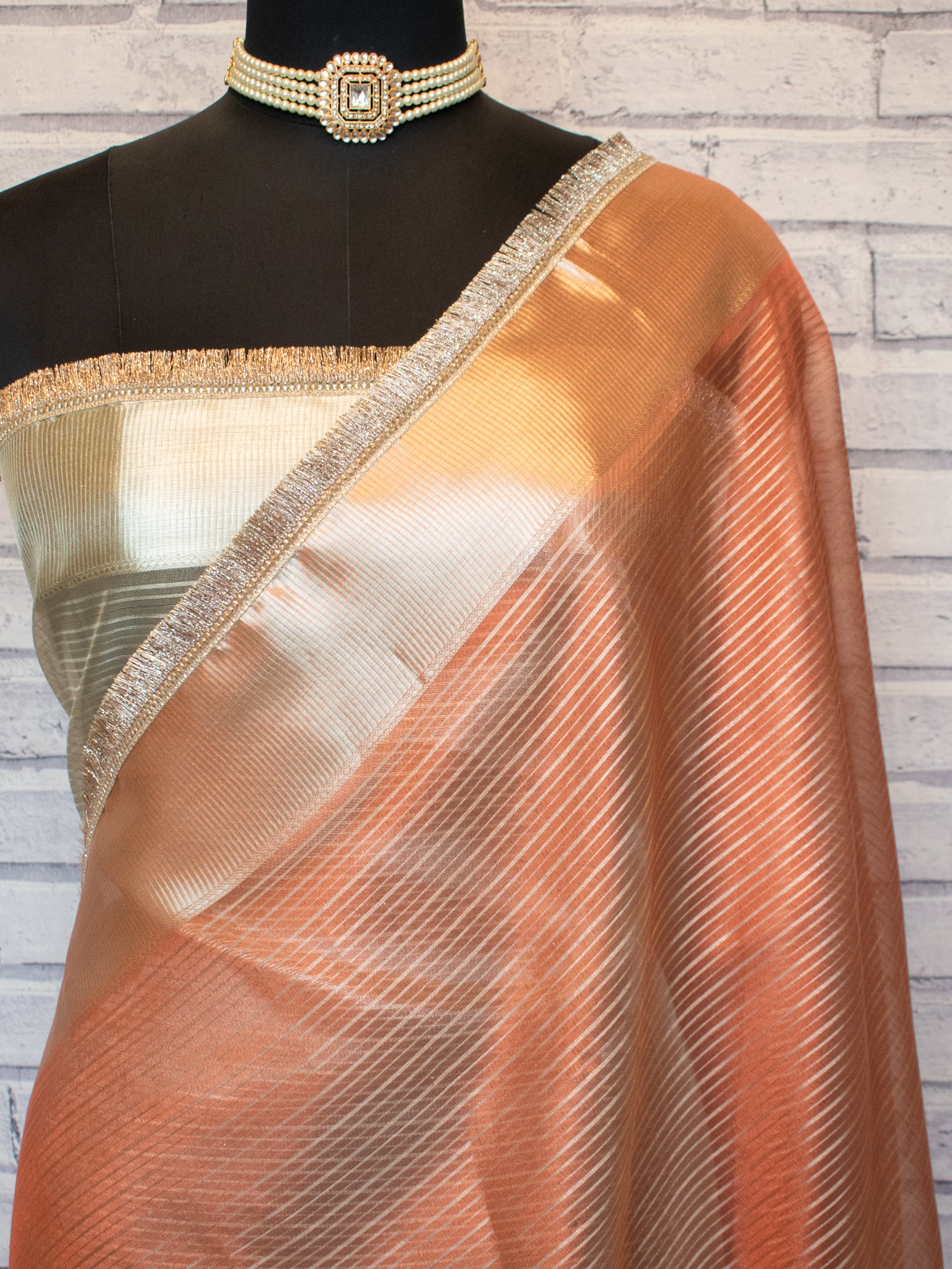 Banarasi Tissue Saree with Lace Border- Peach