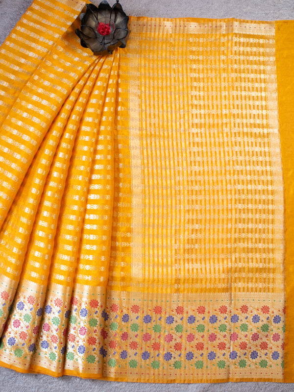 Banarasi Kora Saree With Zari Weaving & Meena Border-Yellow