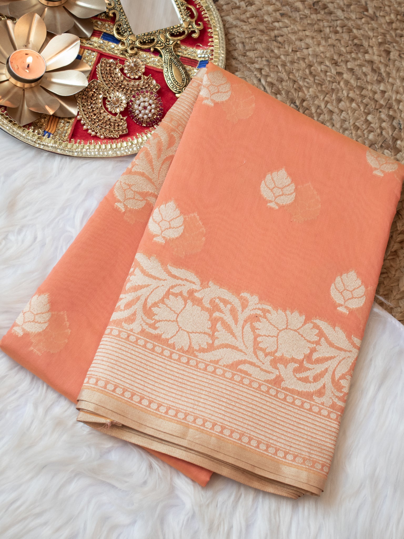 Banarasi Dupion Linen Saree With Silver Buti Weaving-Peach