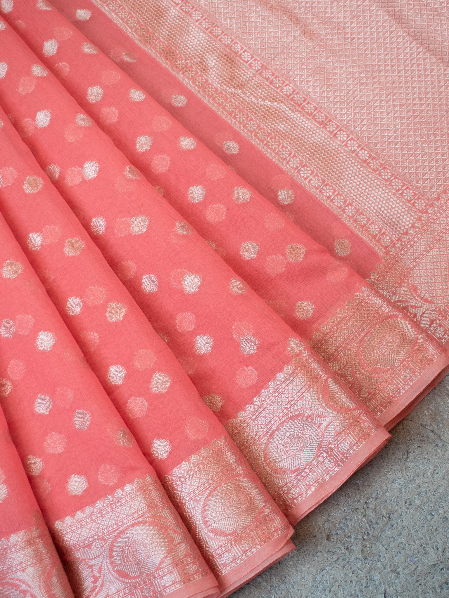 Banarasi Cotton Silk Saree With Zari Weaving & Border- Peach