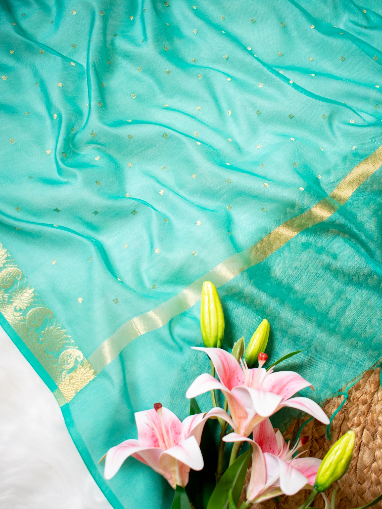 Banarasi Cotton Silk Dupatta With Buti Weaving- Sky blue