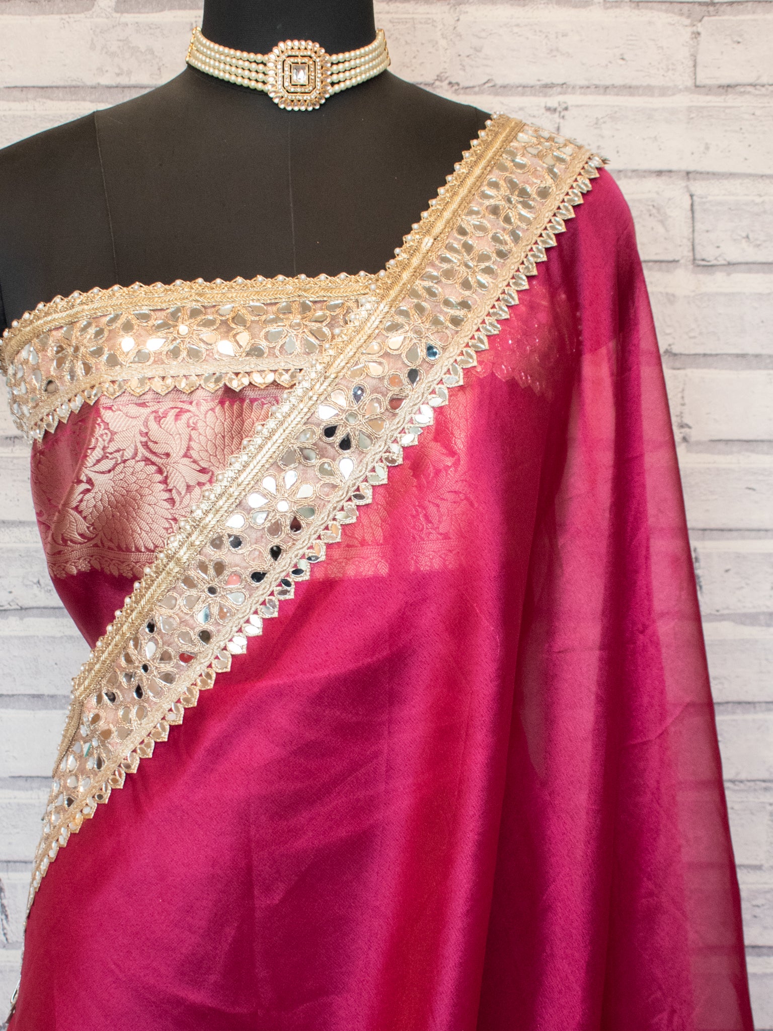 Banarasi Plain Tissue Saree with MirrorLace Border - Magenta