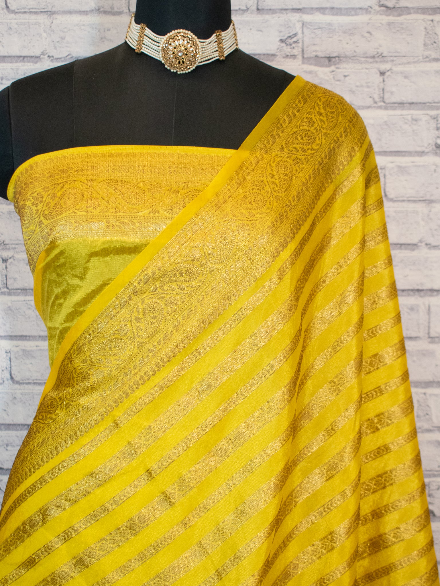 Banarasi Semi Cotton Saree Antique Weaving &  Border-Yellow