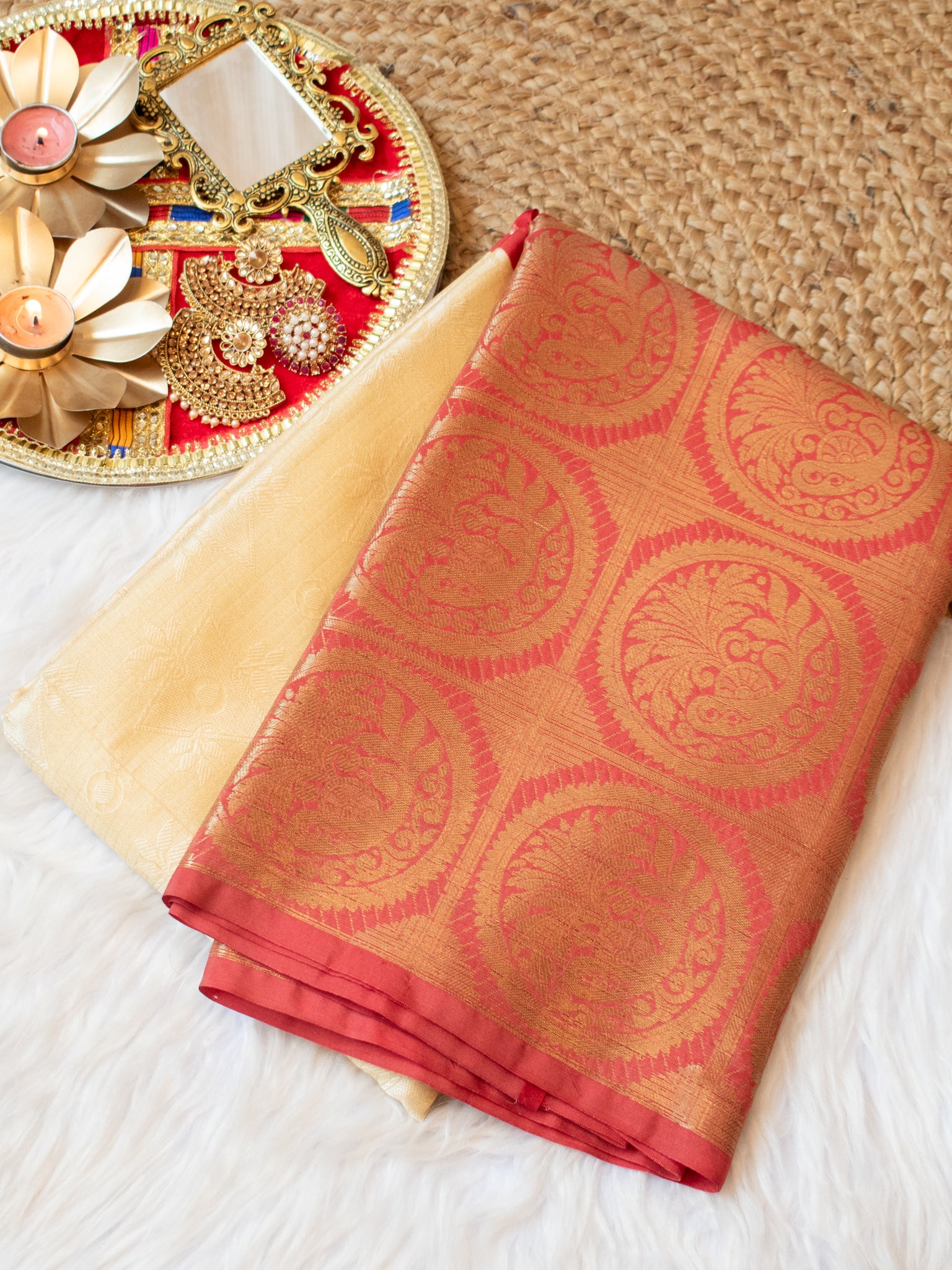 Banarasi Kora Muslin Half & Half Saree With Tanchoi Weaving -Beige & Red