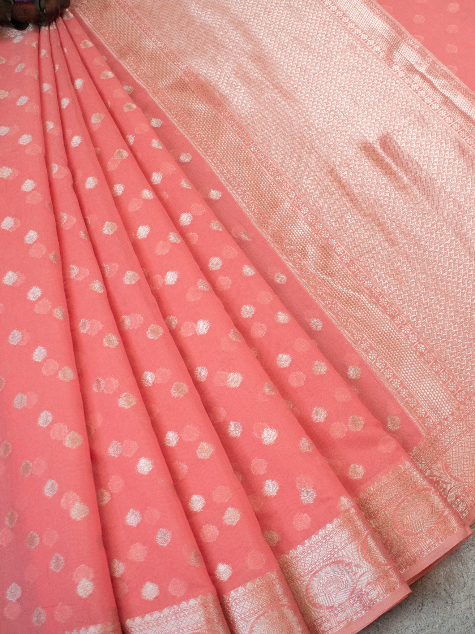 Banarasi Cotton Silk Saree With Zari Weaving & Border- Peach