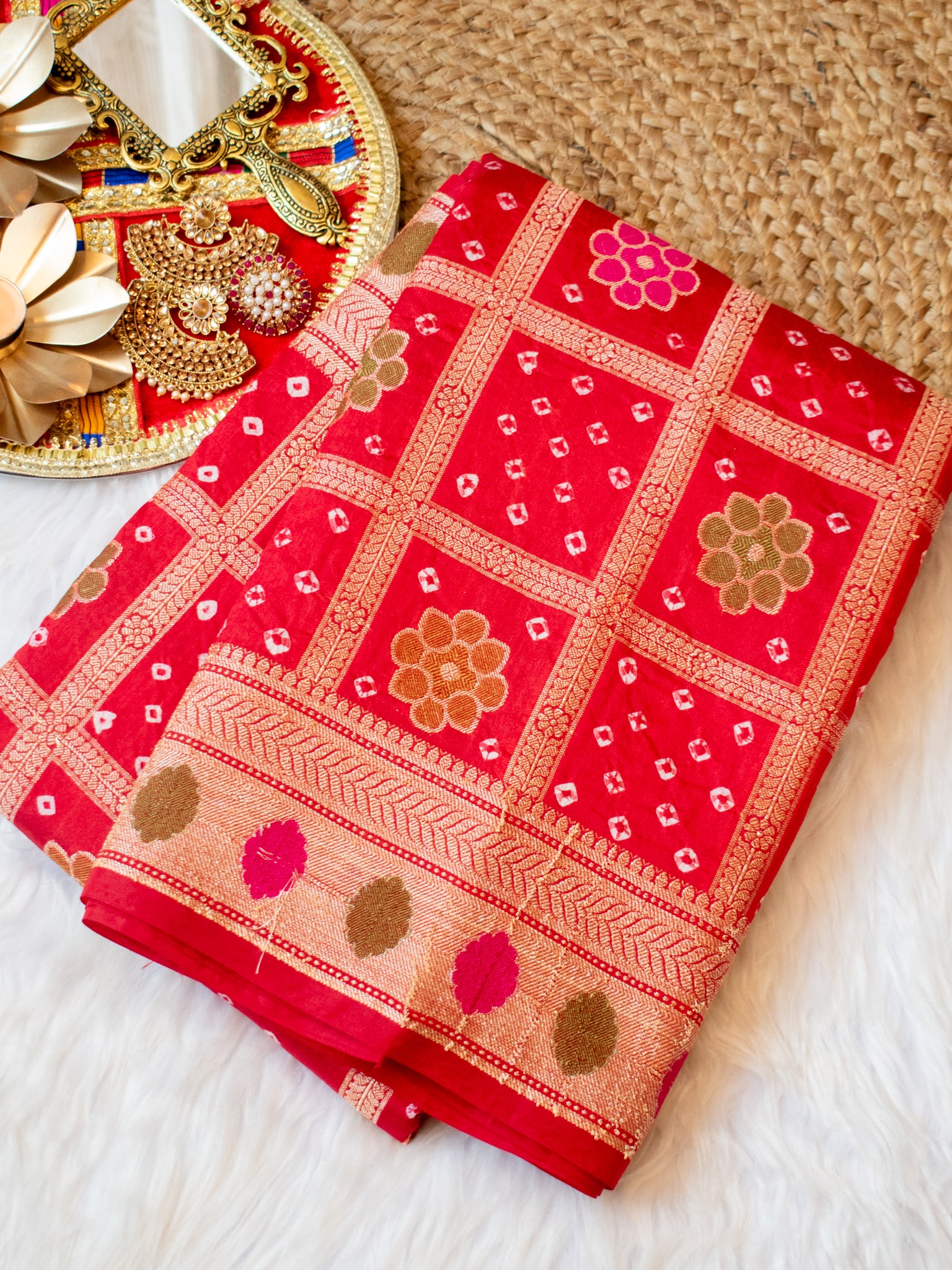 Banarasi Semi Silk Bandhini Saree With Zari & Meena Weaving-Red