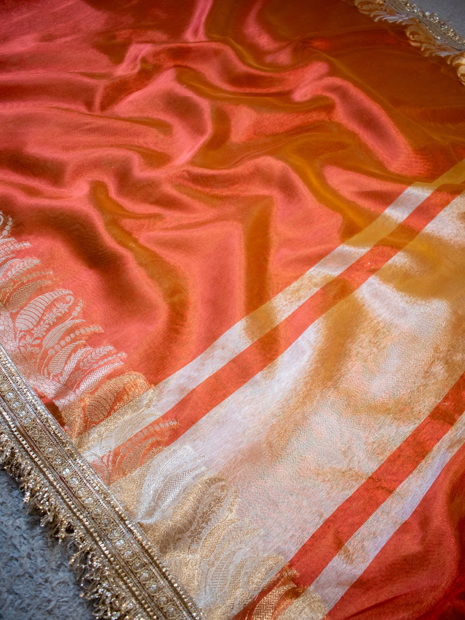 Banarasi Tissue Saree With Zari Weaving & Lace Border - Orange