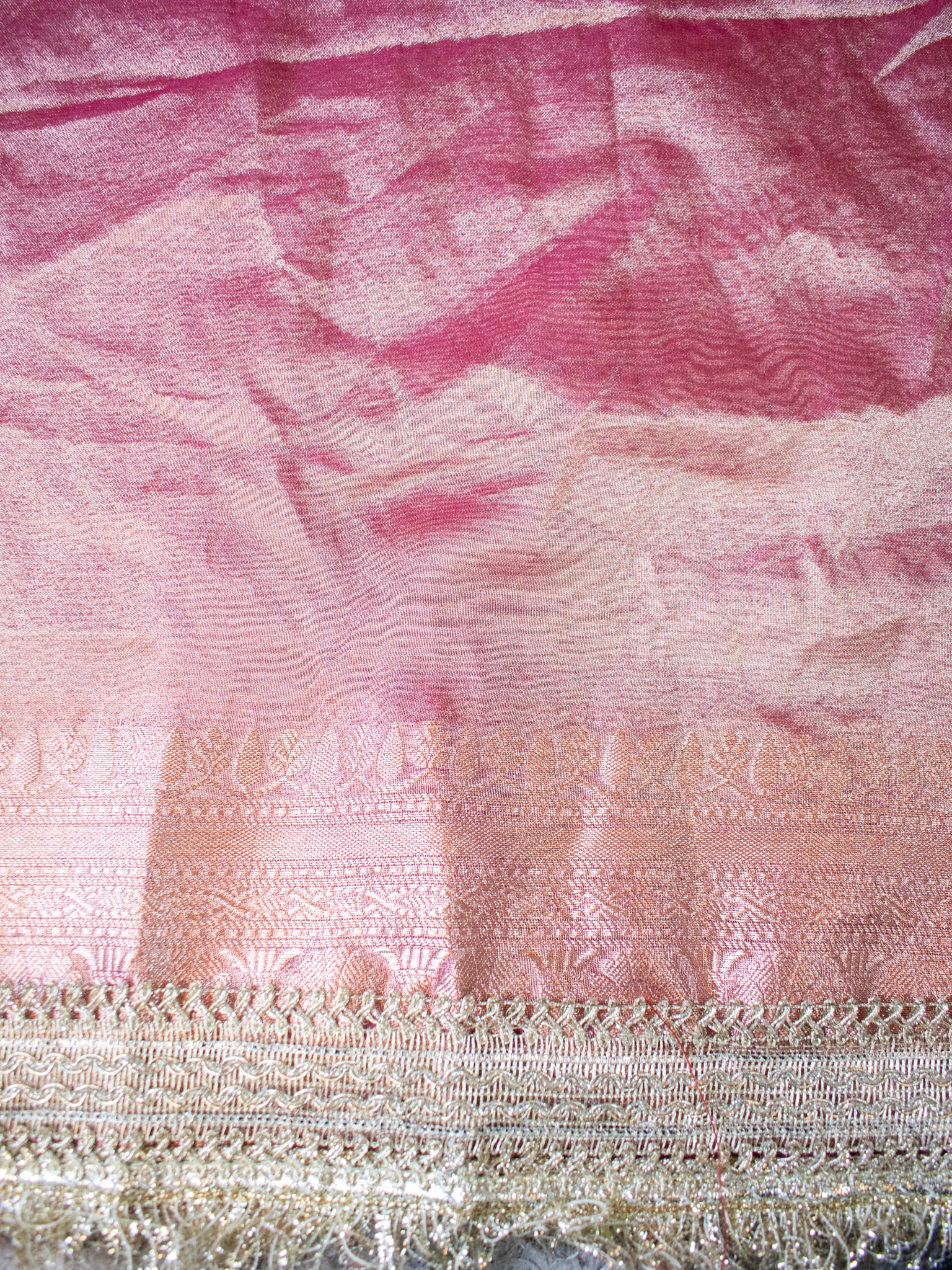 Banarasi Tissue Saree With Silver Zari Border & Lace- Pink