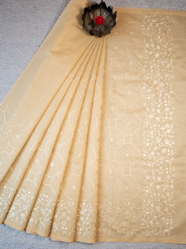 Banarasi Soft Net Saree With Self Resham Weaving Design-Beige