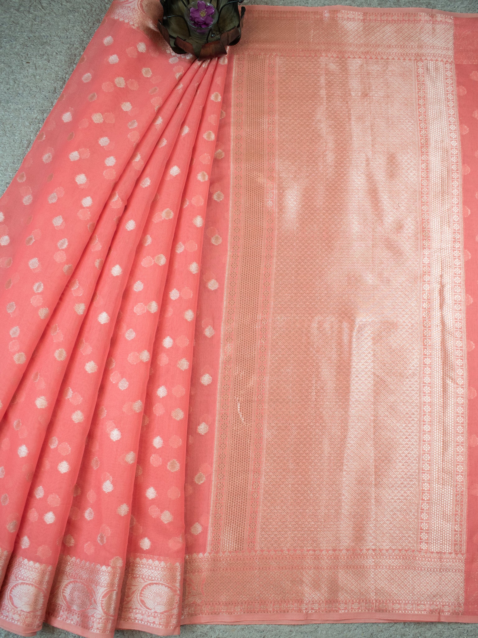 Banarasi Cotton Silk Saree With Zari Weaving & Border- Peach