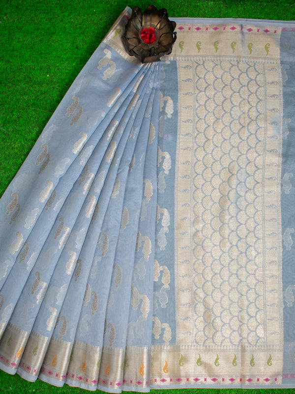 Banarasi Cotton Silk Jaal Resham & Zari Multi Coloured Weaving Saree-Grey