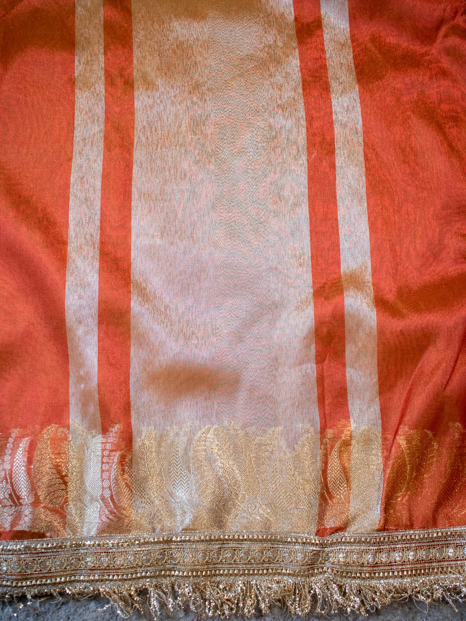Banarasi Tissue Saree With Zari Weaving & Lace Border - Orange
