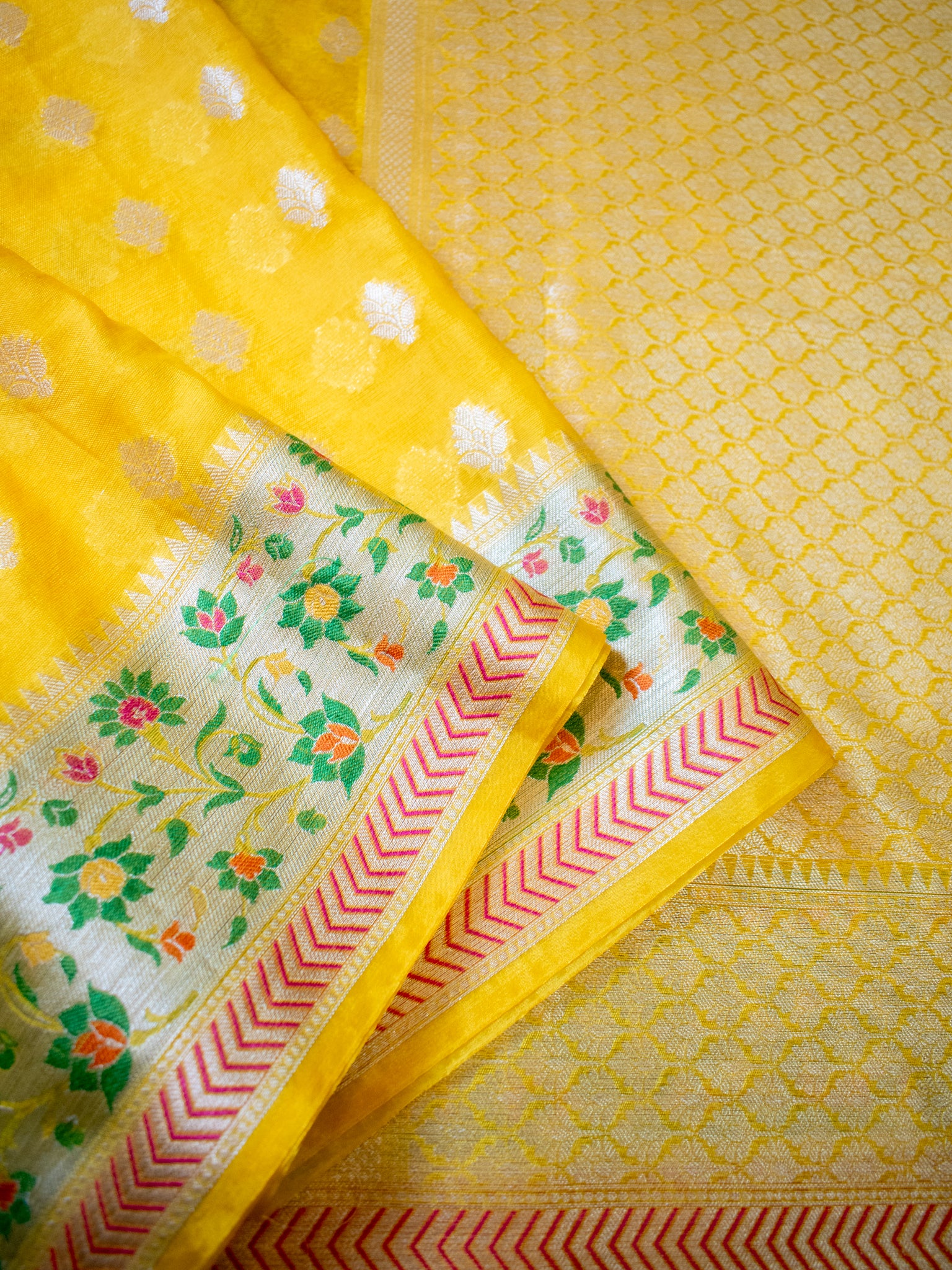 Banarasi Cotton Silk Saree With Meena Border - Yellow