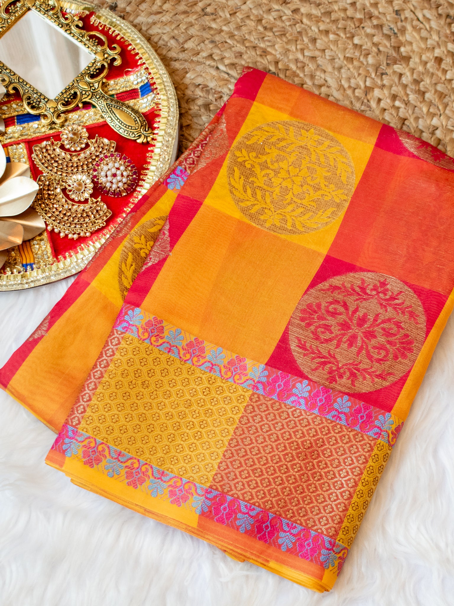 Banarasi Semi Silk Check Patterned Saree With Zari Weaving -Yellow