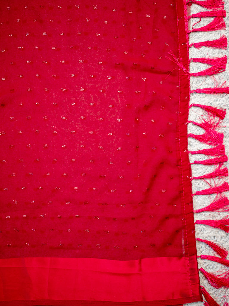 Satin Border Semi Chiffon Saree With Zari Work-Red