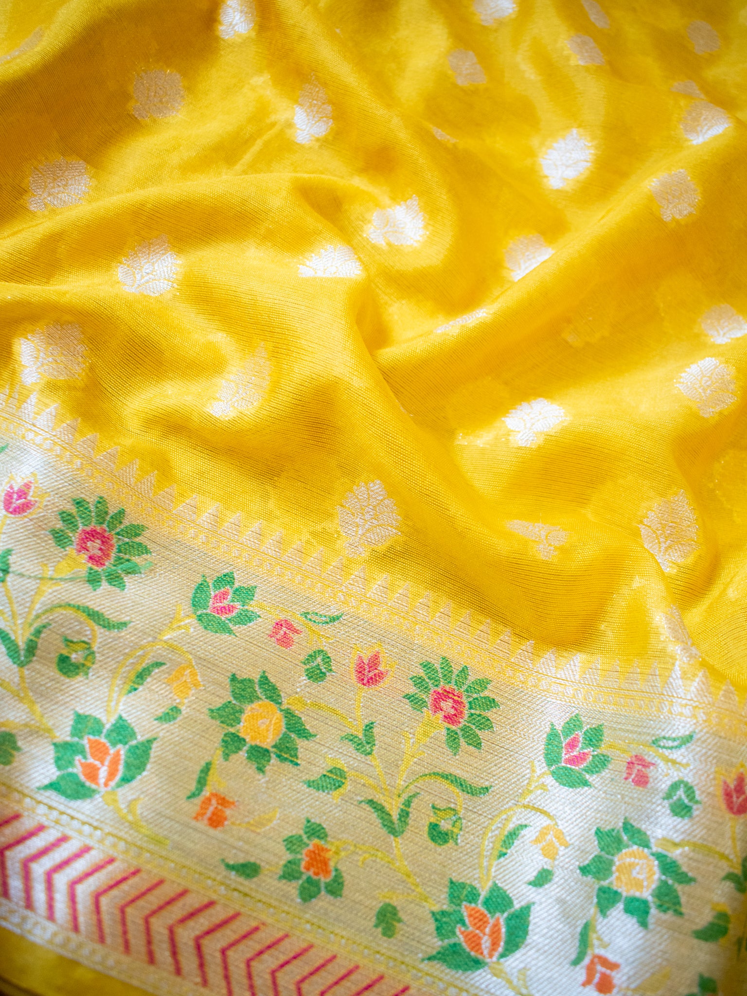 Banarasi Cotton Silk Saree With Meena Border - Yellow