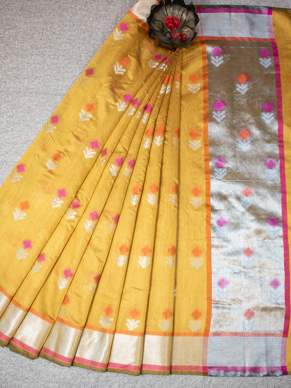 Banarasi Soft Cotton Saree Silver Zari Weaving-Mustard Yellow