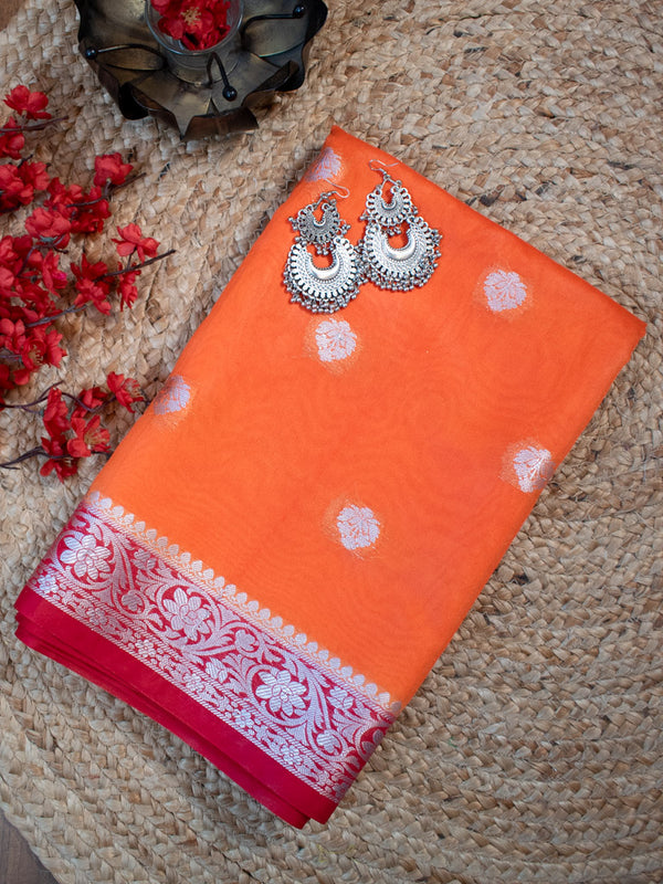 Banarasi Semi Chiffon Saree Silver Zari Buti Weaving & Contrast Border-Orange