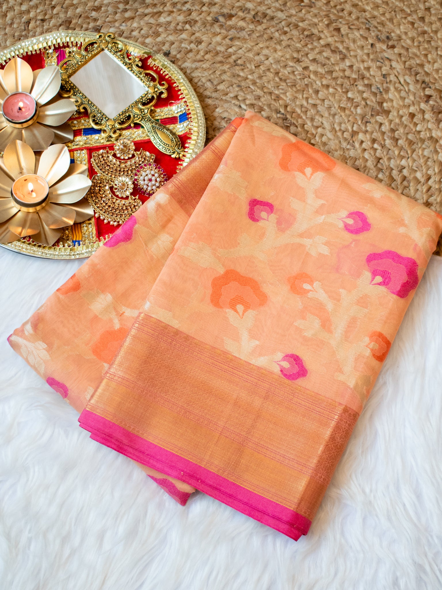 Banarasi Kora Saree With Multi Jaal Meena Weaving-Peach