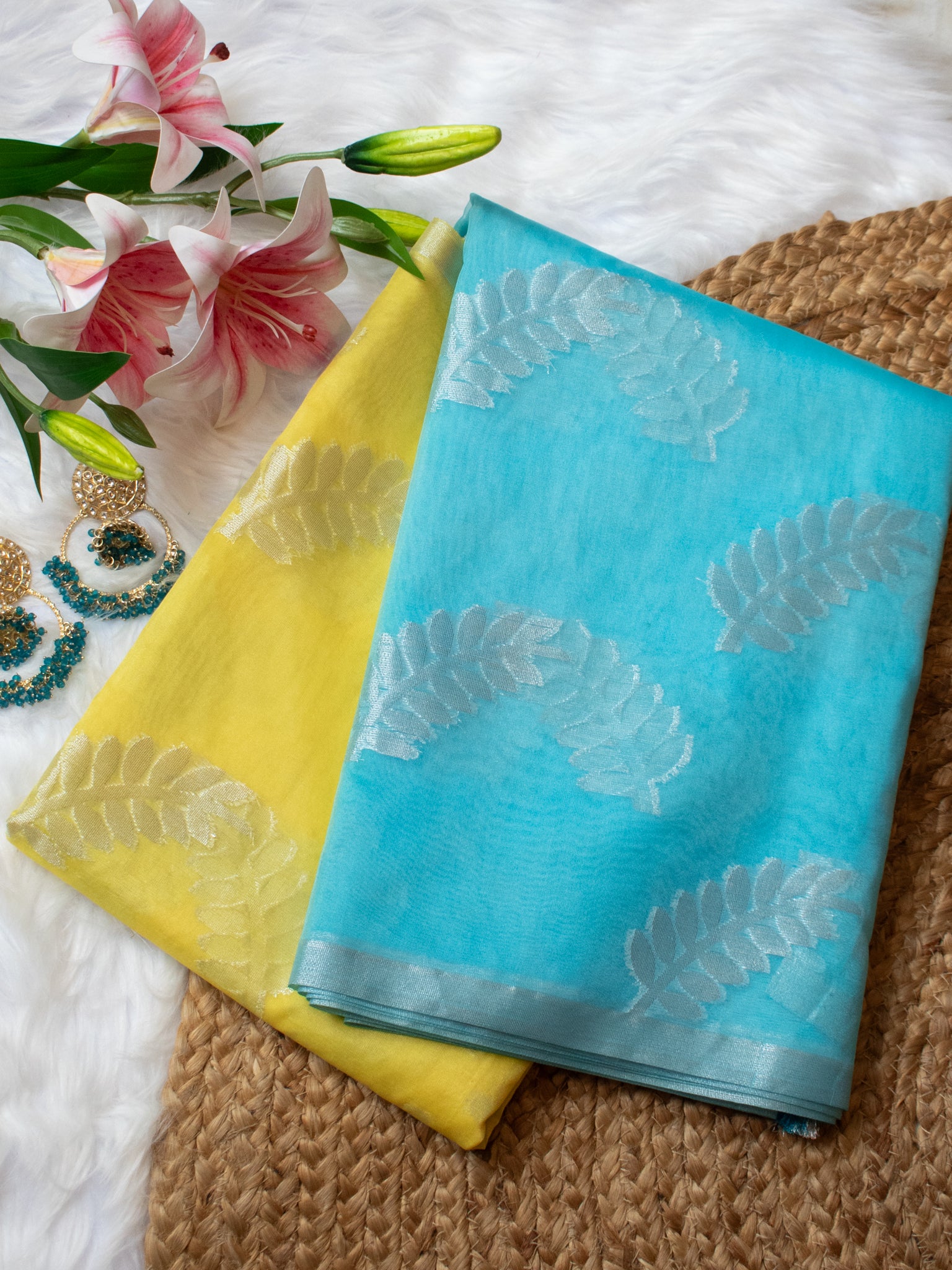 Banarasi Dual Shade Organza Saree With Zari Border- Yellow & Blue