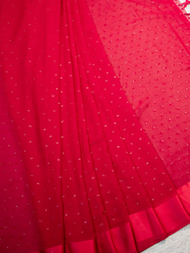 Satin Border Semi Chiffon Saree With Zari Work-Red
