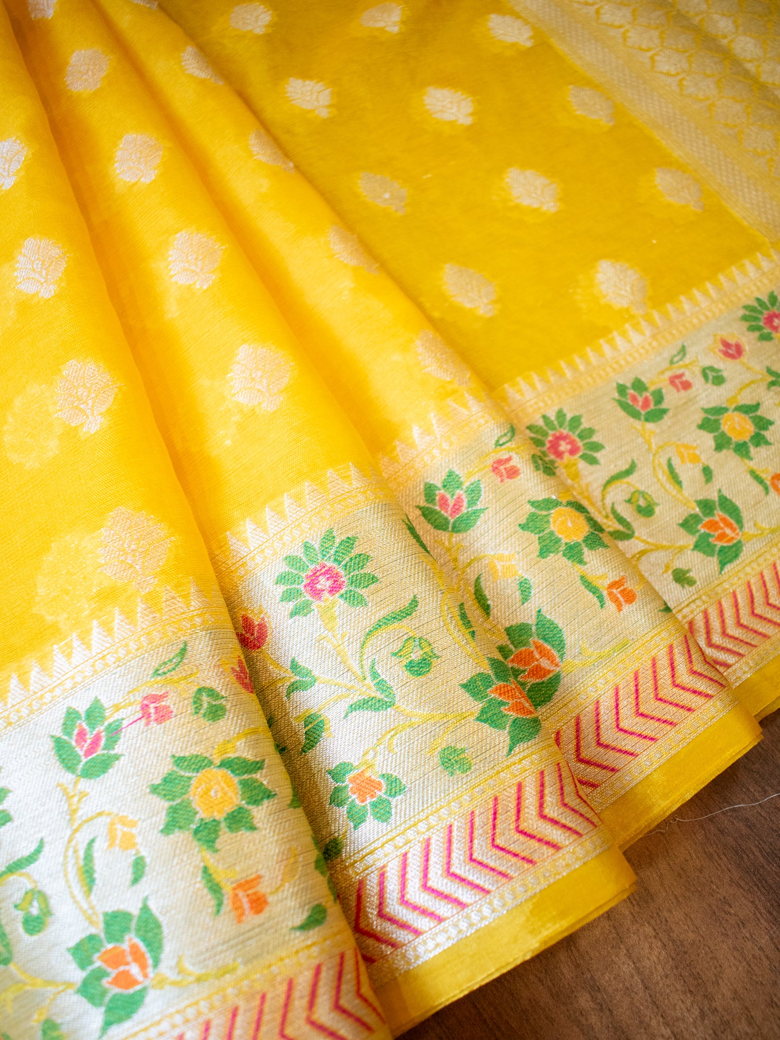 Banarasi Cotton Silk Saree With Meena Border - Yellow