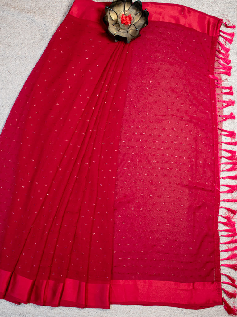 Satin Border Semi Chiffon Saree With Zari Work-Red