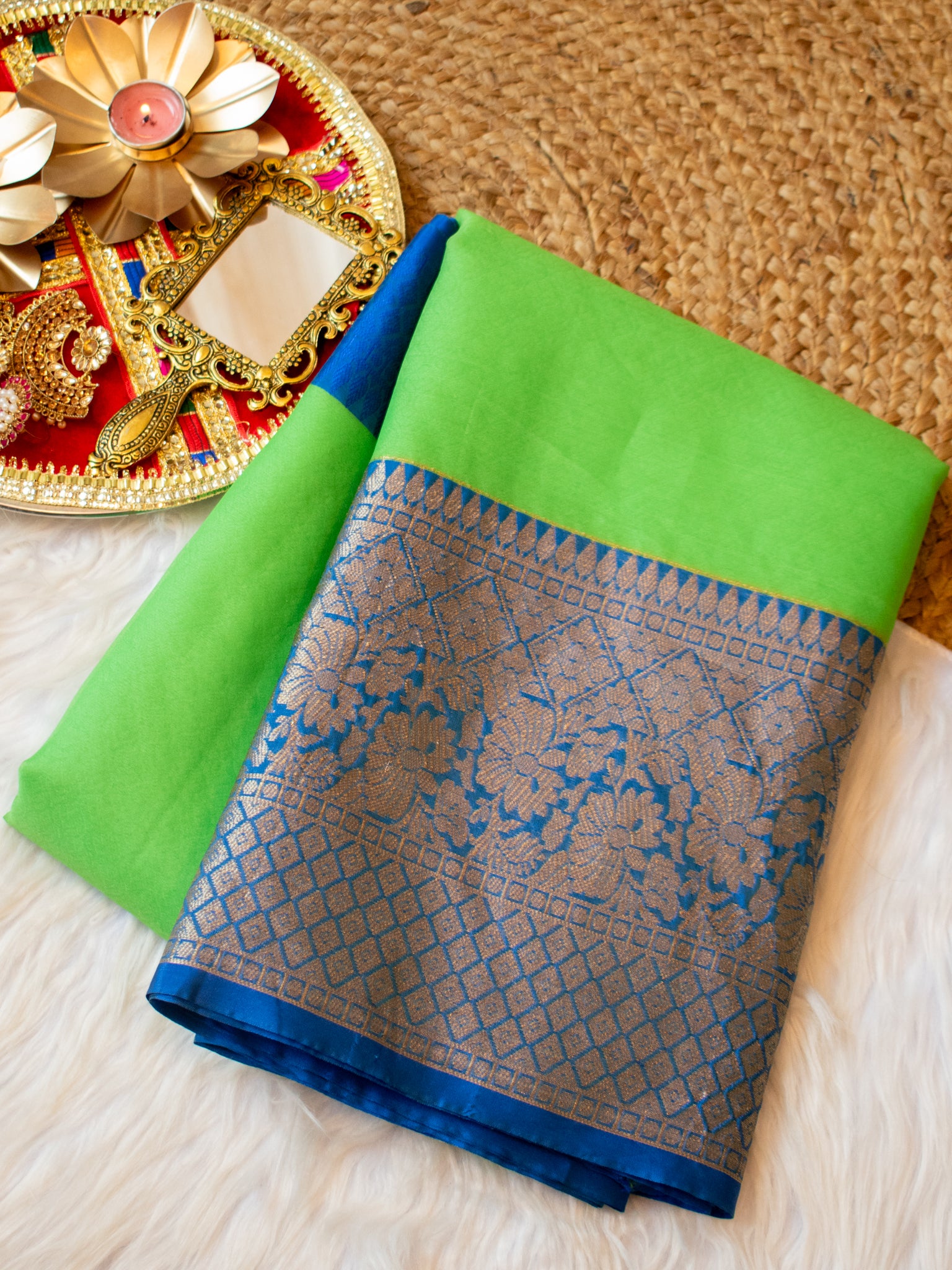 Banarasi Semi Silk Saree With Contrast Satin Skirt Border-Green