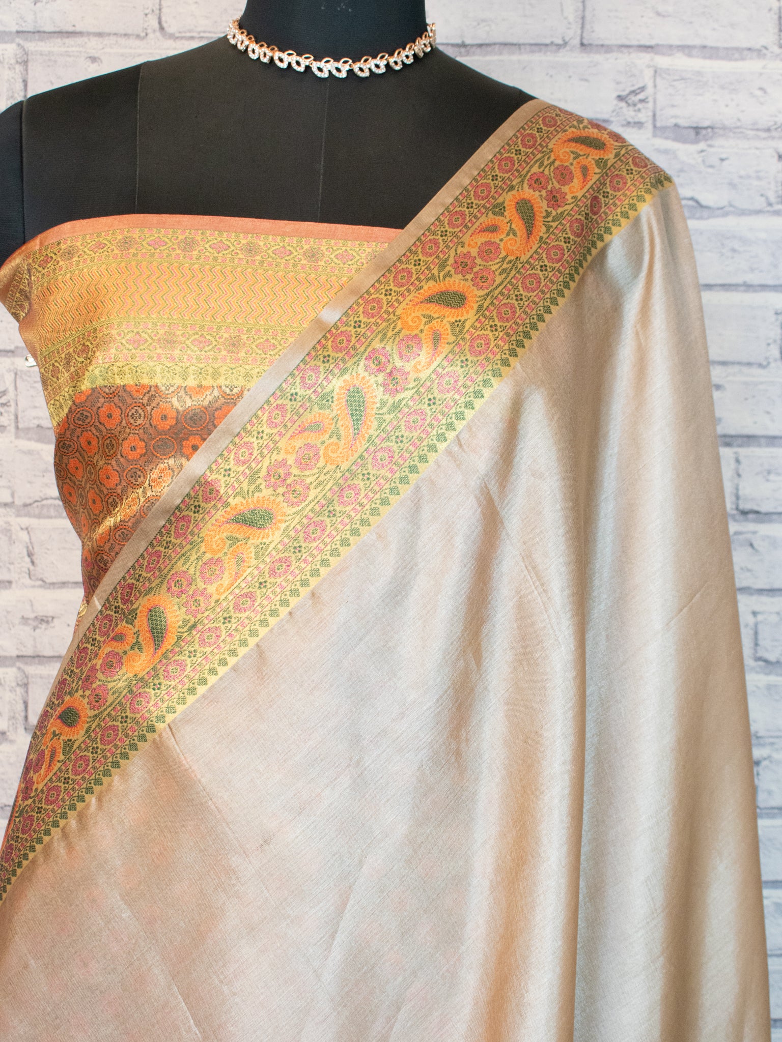 Banarasi Pure Tussar Saree With Resham Weaving Border- Beige