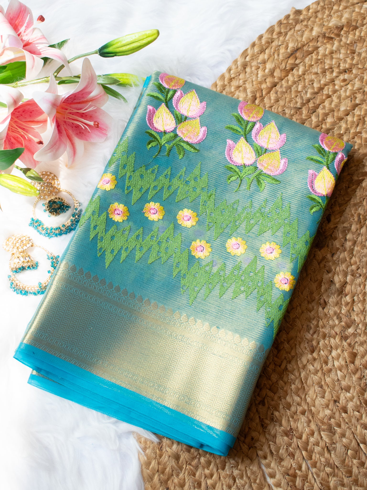 Banarasi Tissue Saree With Embroidery & Border - Blue
