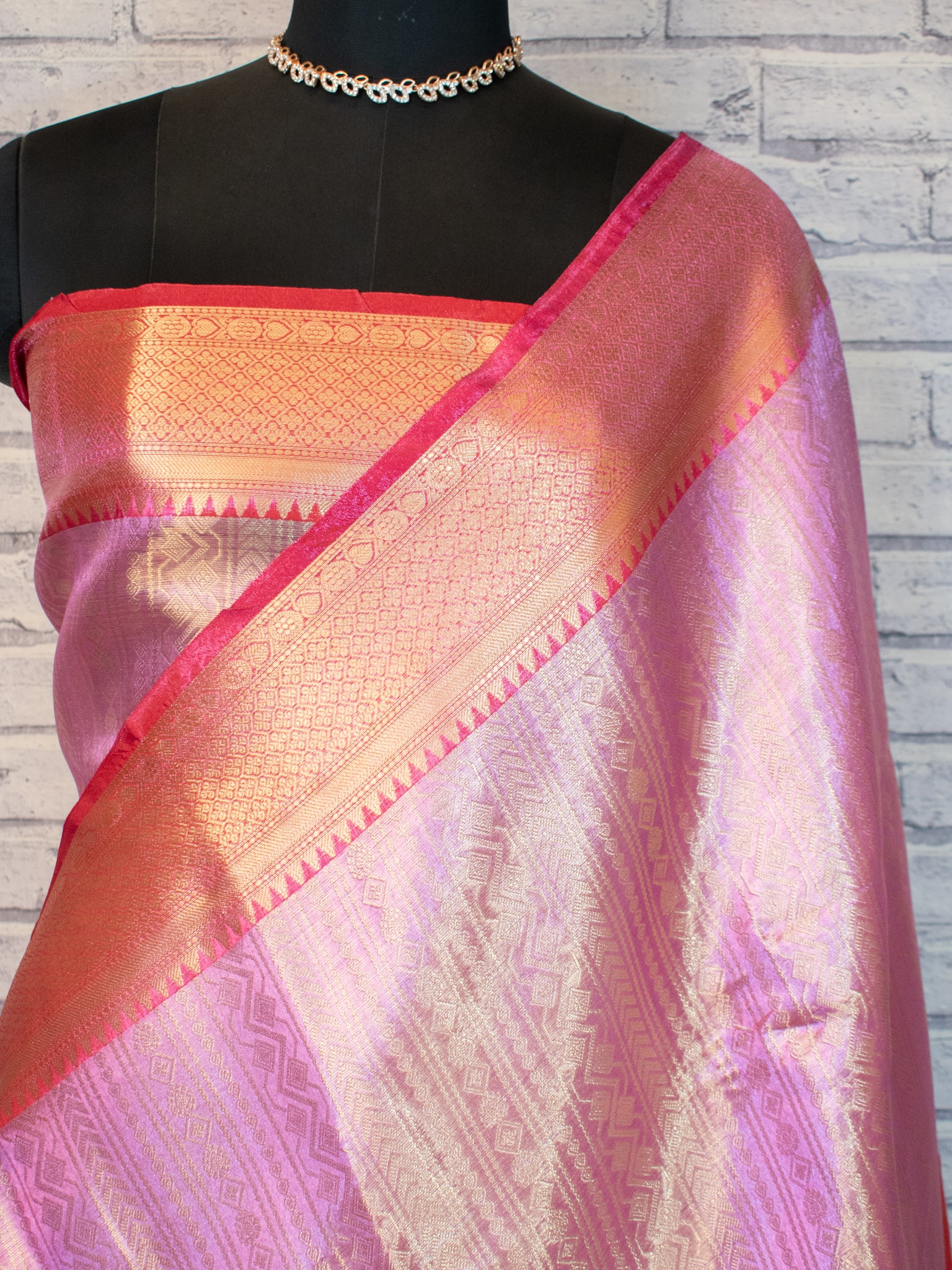 Banarasi Kora Muslin Saree With Zari Weaving & Contrast Border- Pink