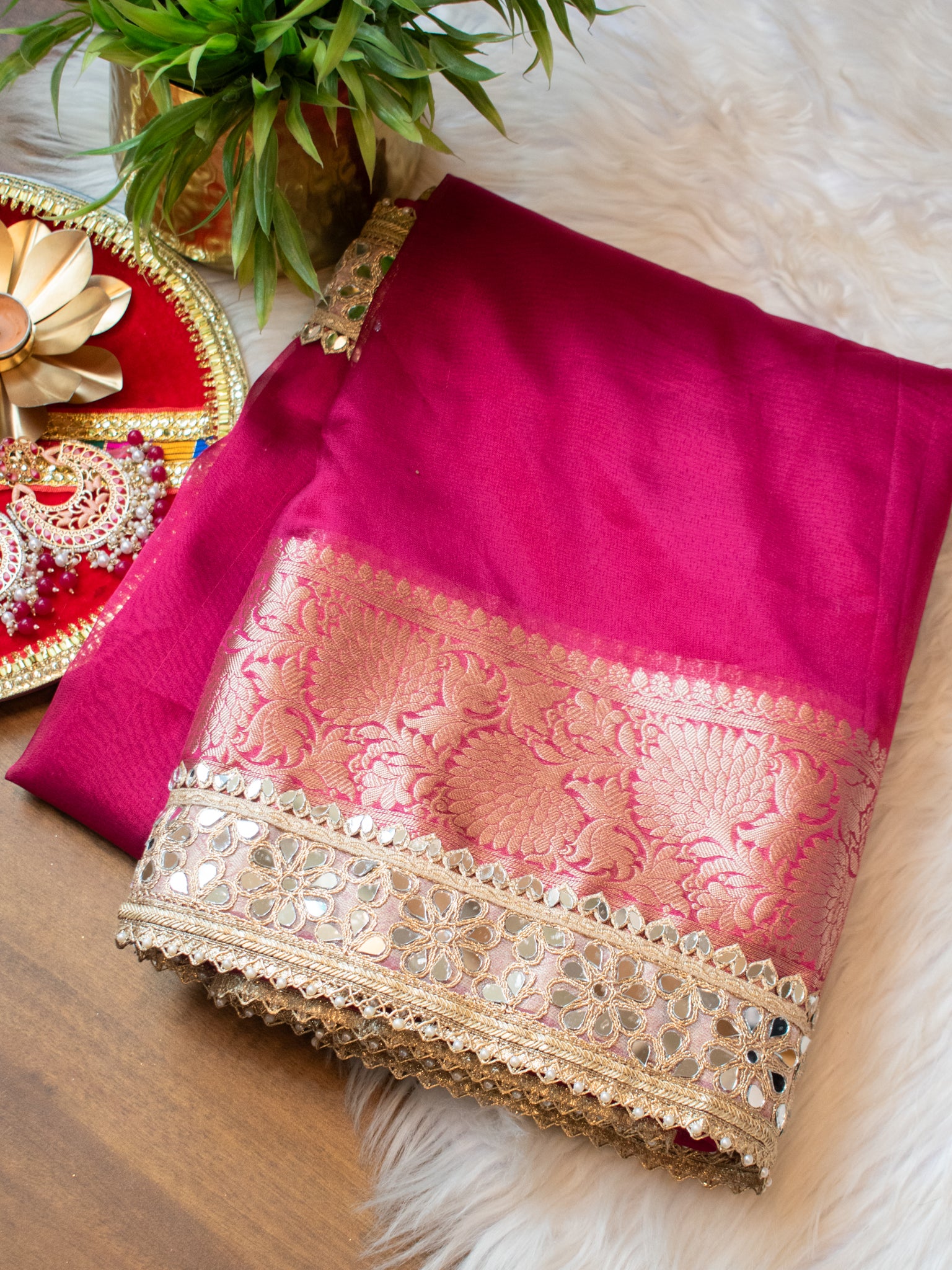 Banarasi Plain Tissue Saree with MirrorLace Border - Magenta