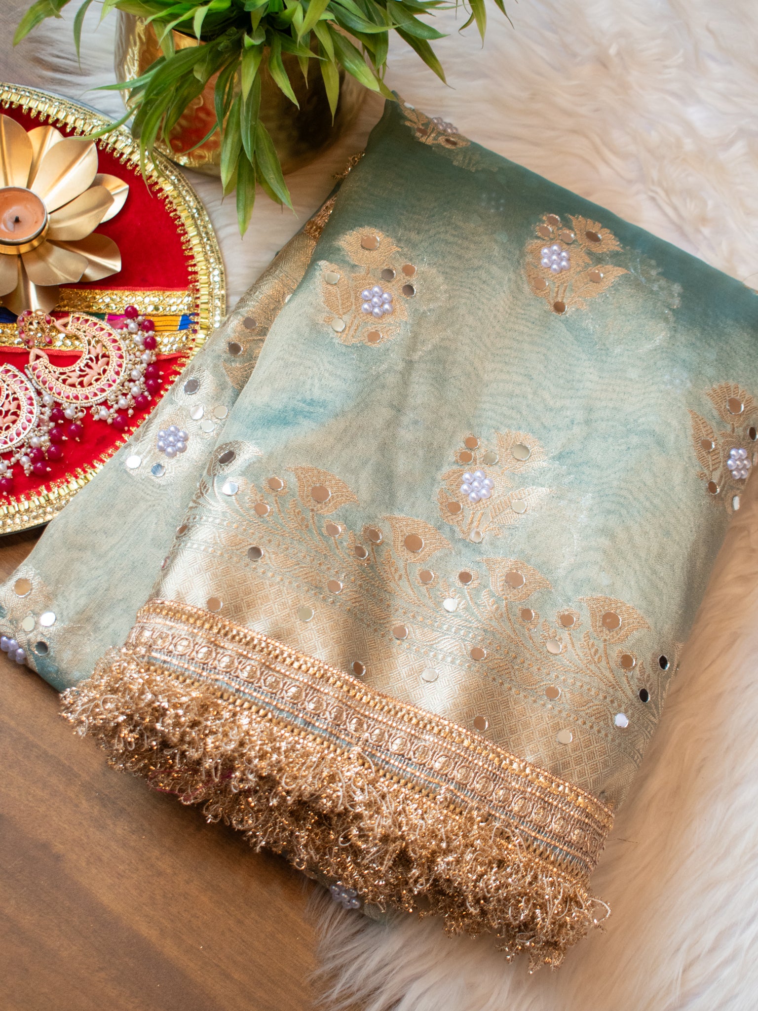 Banarasi Mirror Work Tissue Saree with Lace Border - Blue