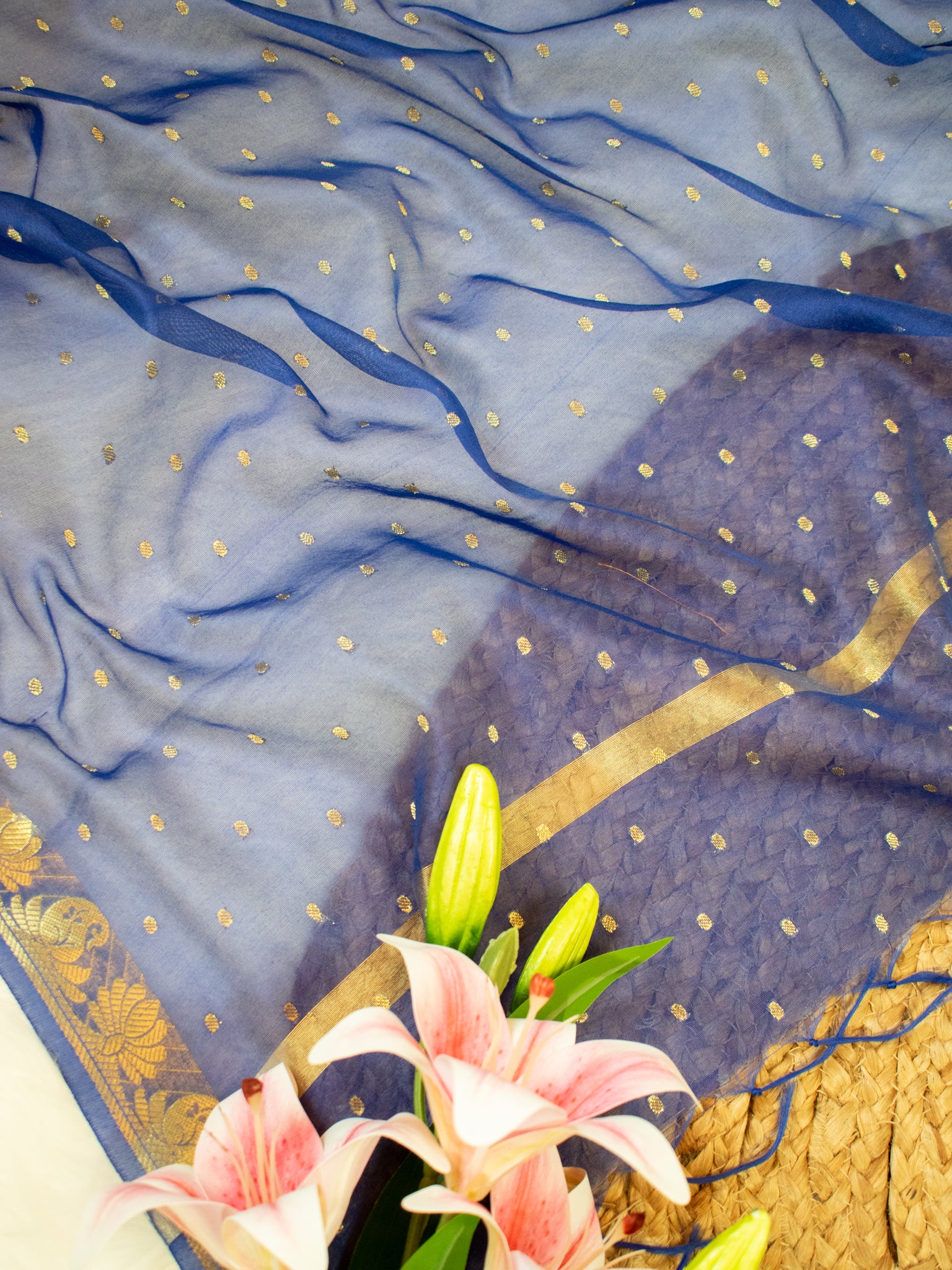 Banarasi Cotton Silk Dupatta With Buti Weaving- Blue