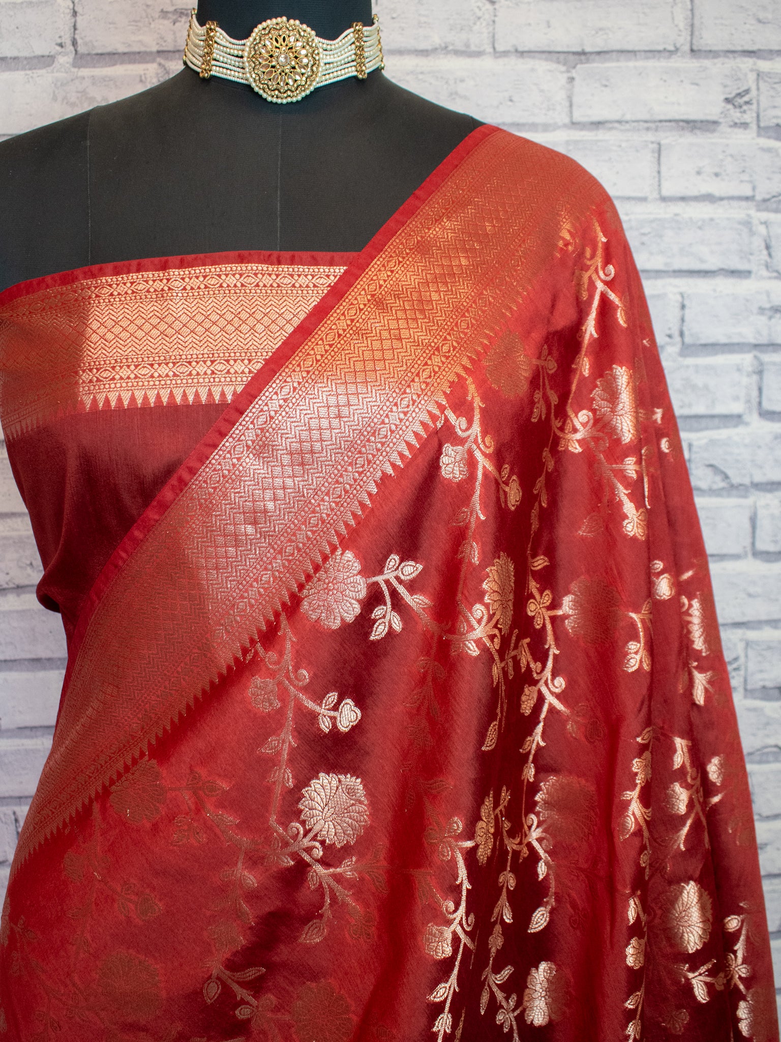 Banarasi Cotton Silk Saree With Floral Weaving & Border- Red