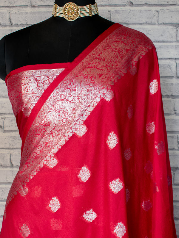 Banarasi Semi Chiffon Saree Silver Zari Buti Weaving-Red