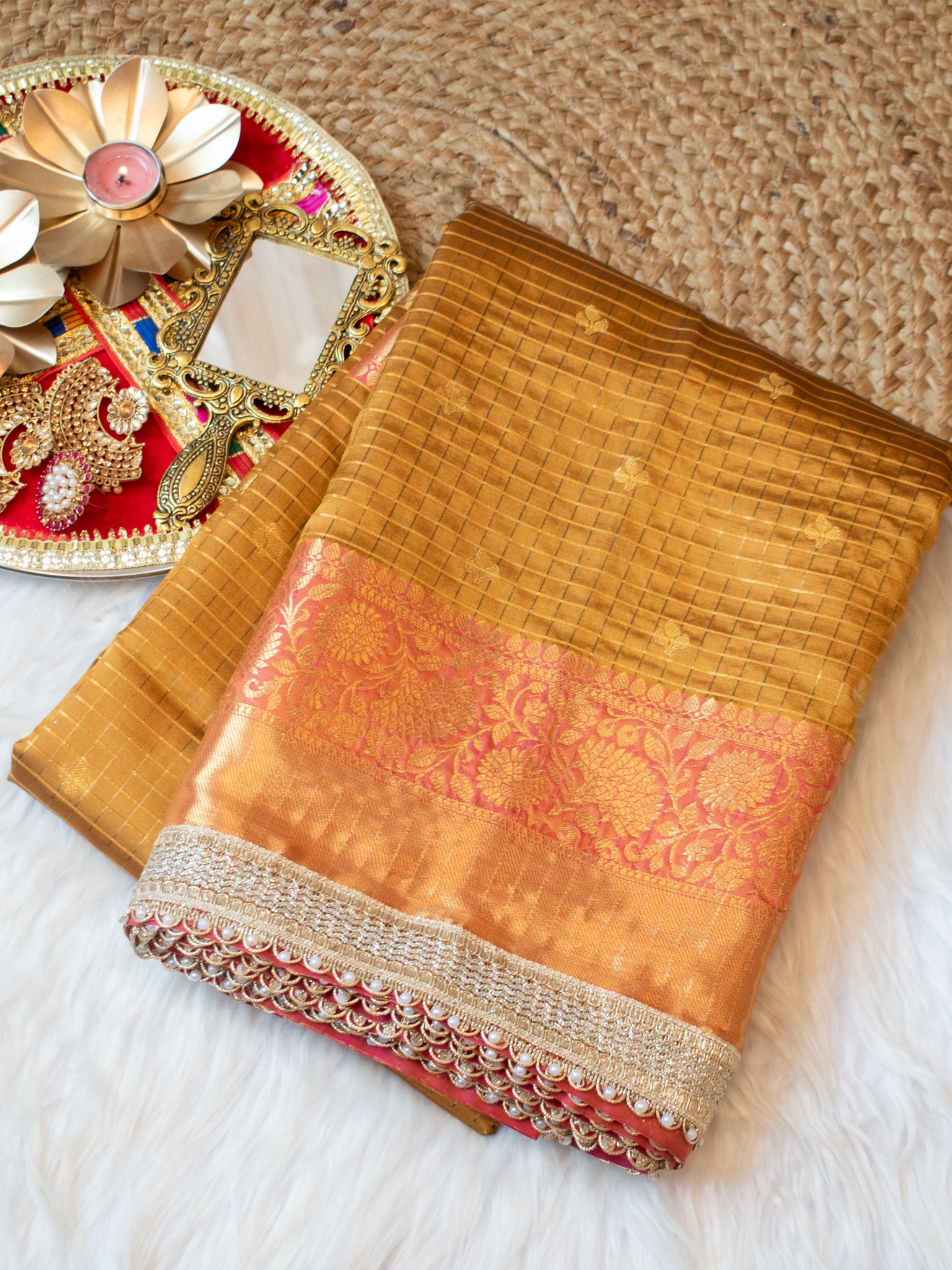 Banarasi Cotton Silk Saree With Zari Weaving & Lace Border-  Mustard