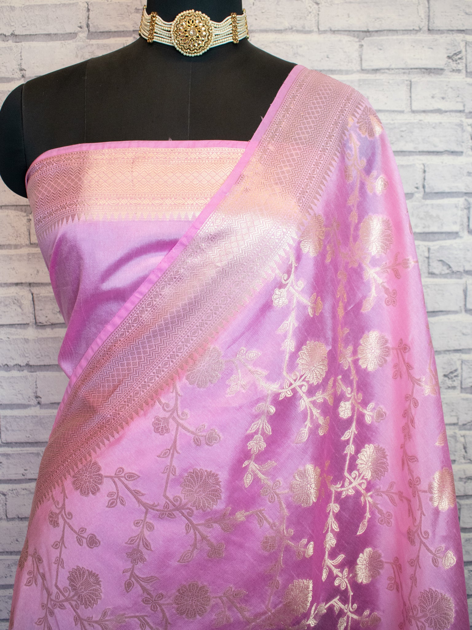 Banarasi Cotton Silk Saree With Floral Weaving & Border- Pink