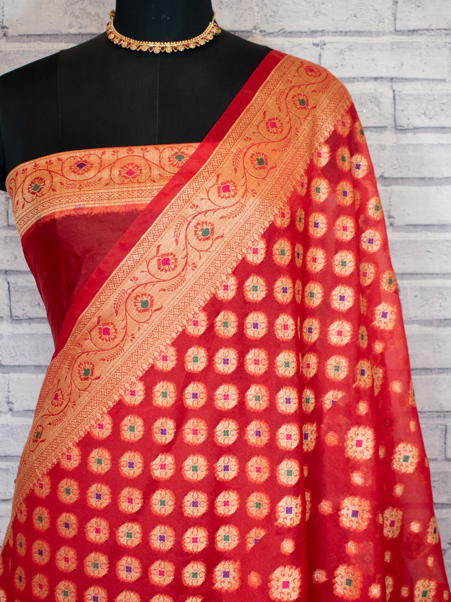 Banarasi Pure Cotton Saree With Zari & Resham Buti Weaving & Border- Red