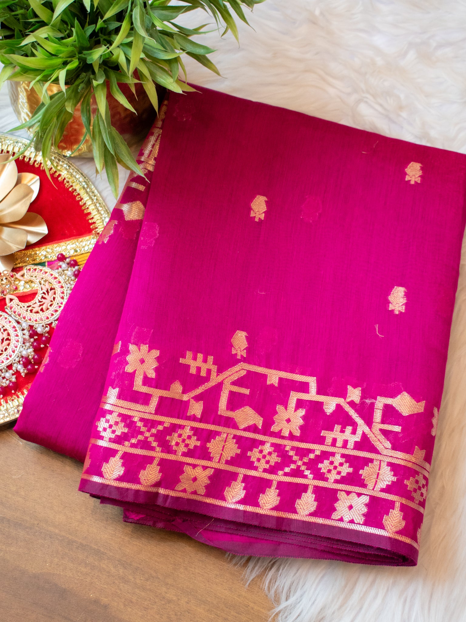 Banarasi Cotton Mix Saree with Zari Weaving & Border- Magenta