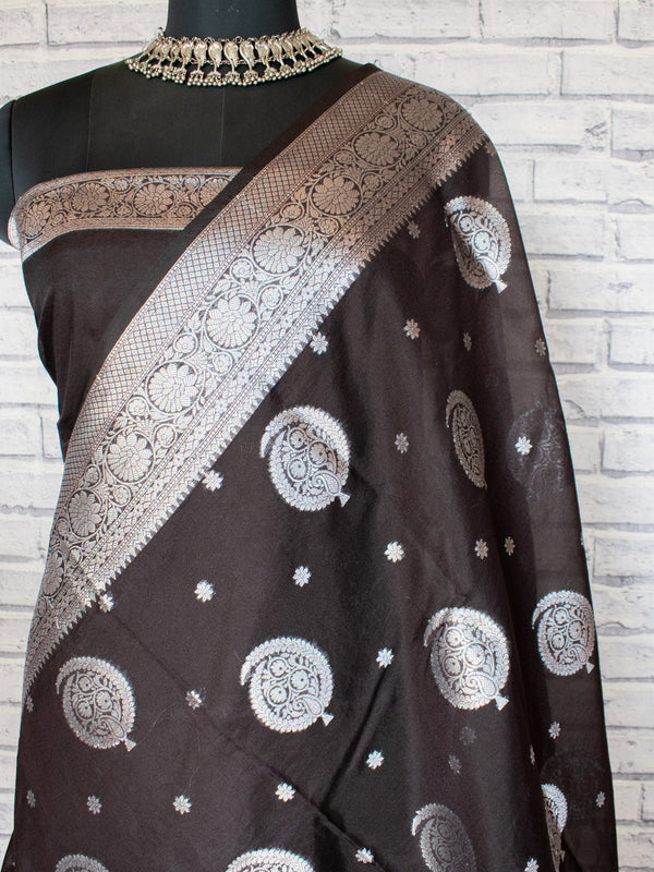 Banarasi Cotton Silk Saree with Round Buta Silver Zari Weaving-Black