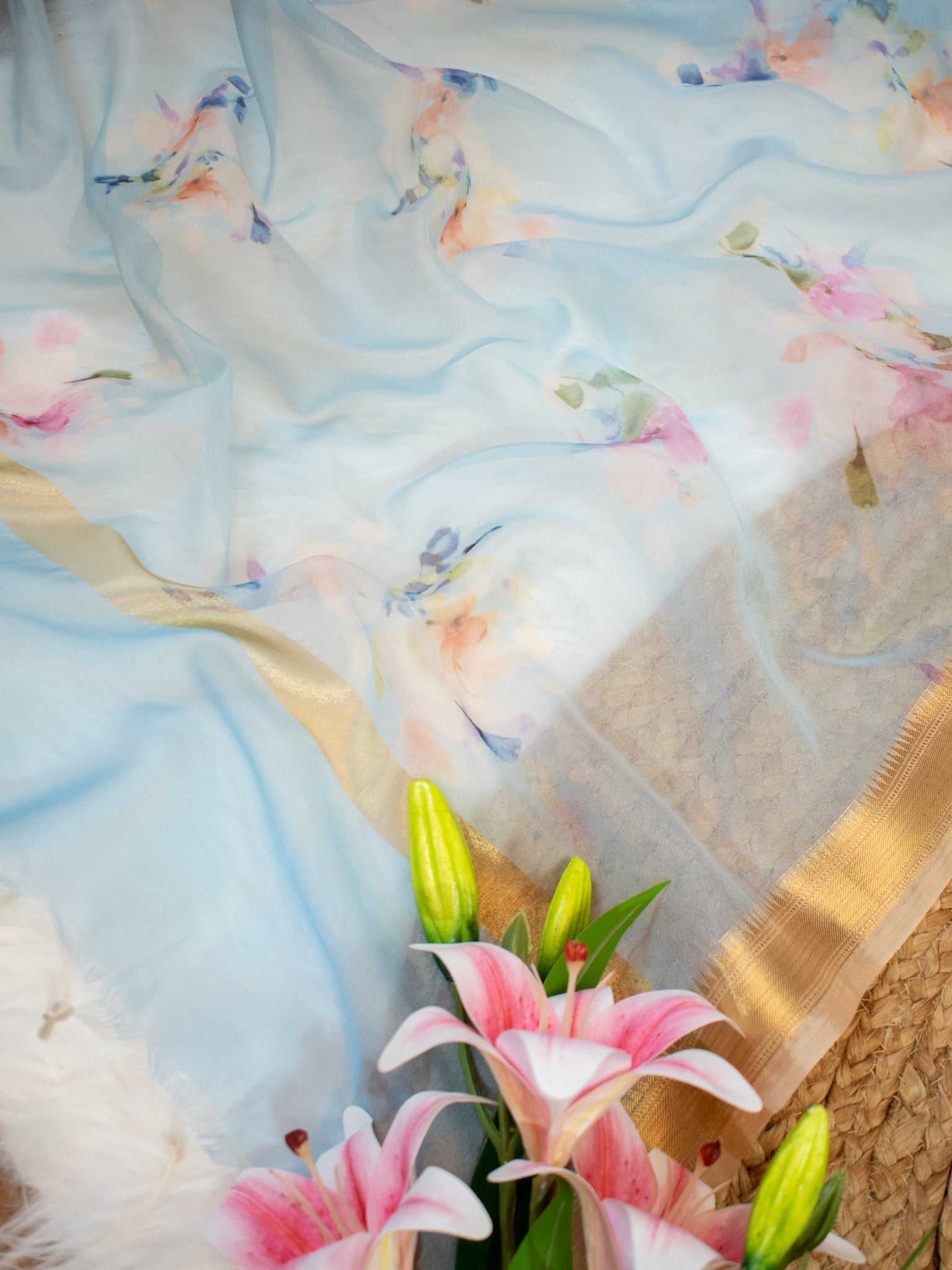 Banarasi Printed Organza Dupatta- Blue