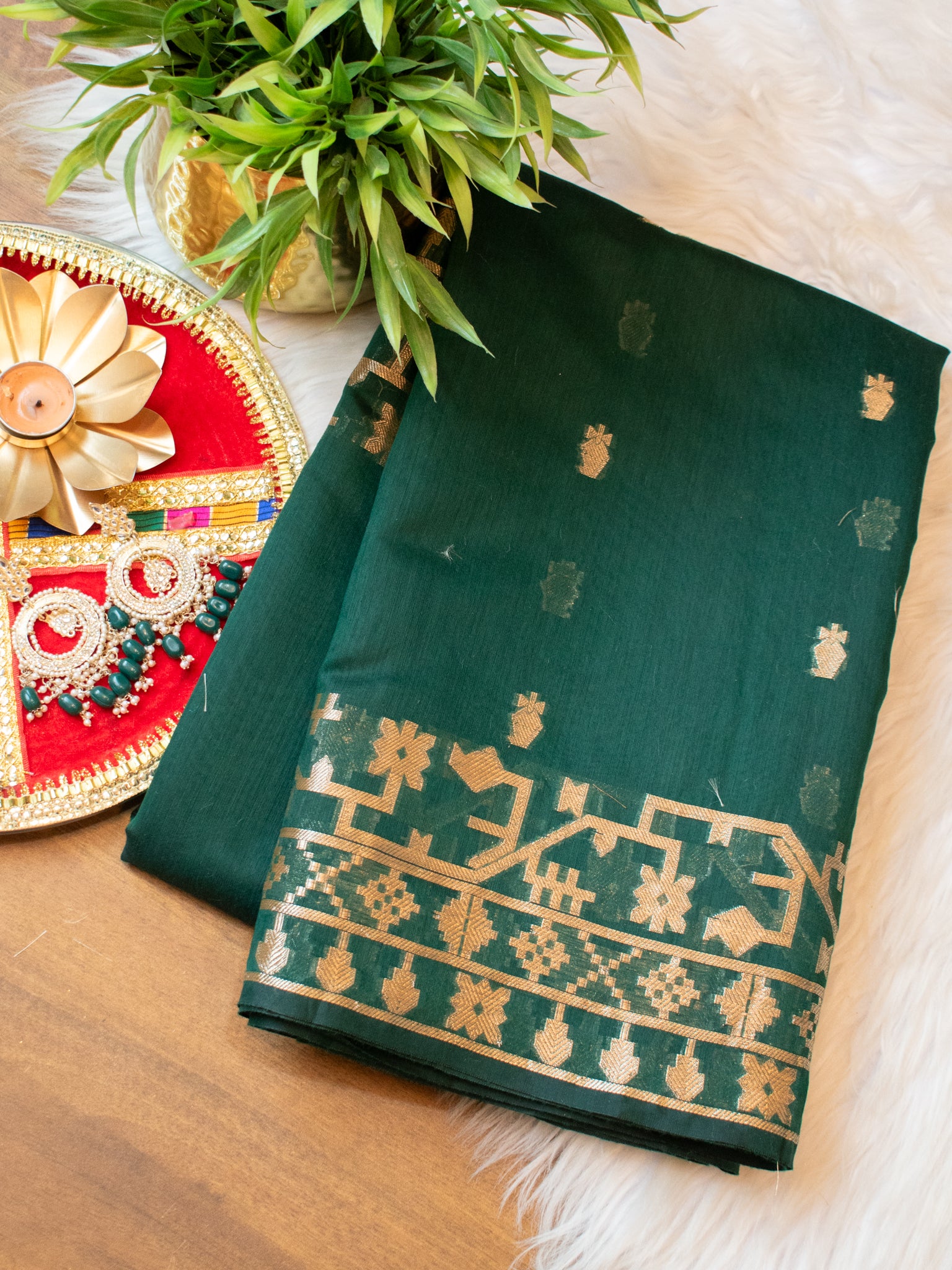 Banarasi Cotton Mix Saree with Zari Weaving & Border- Green