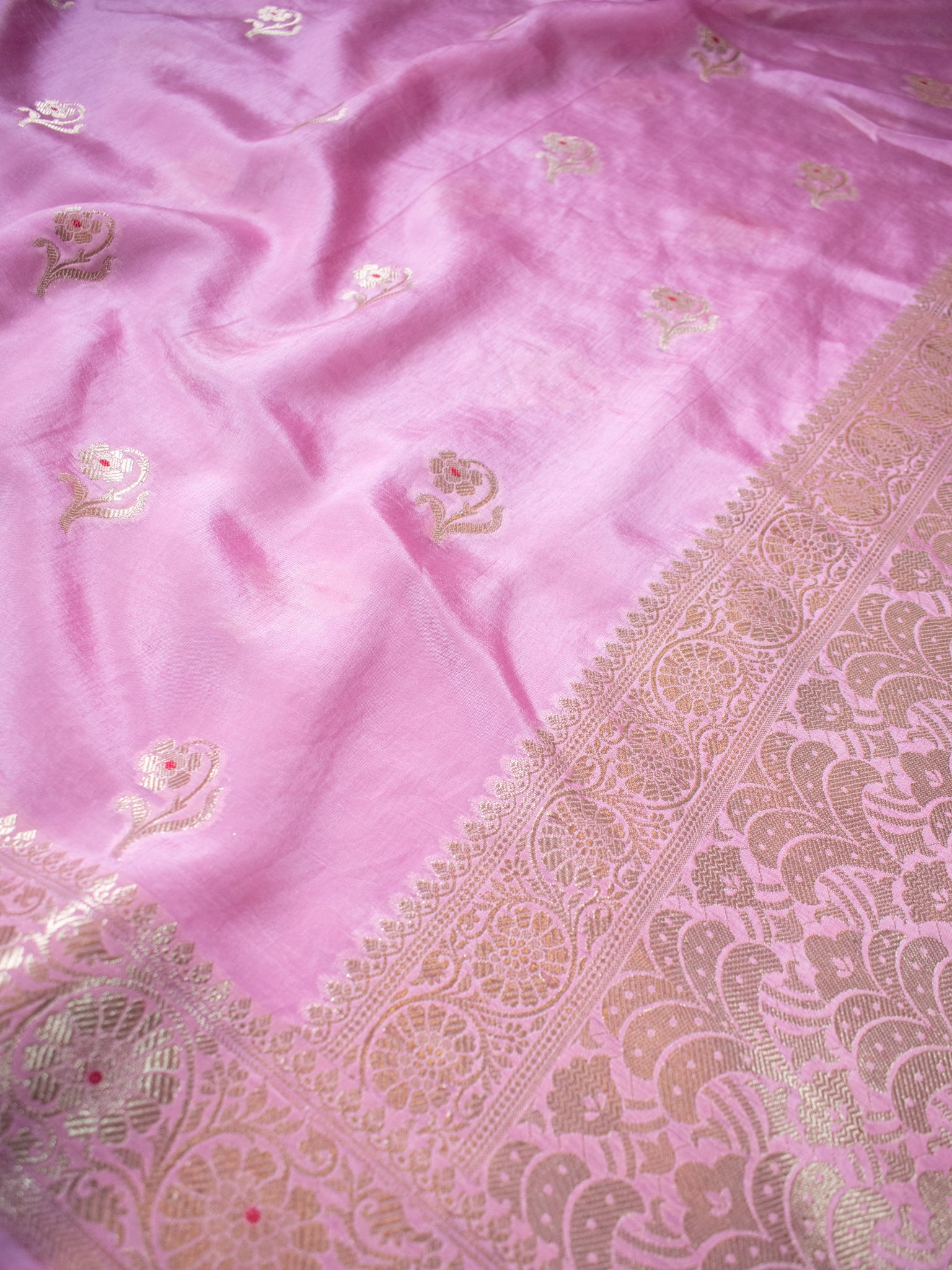 Banarasi Soft Cotton Saree with Floral Weaving & Border- Pink