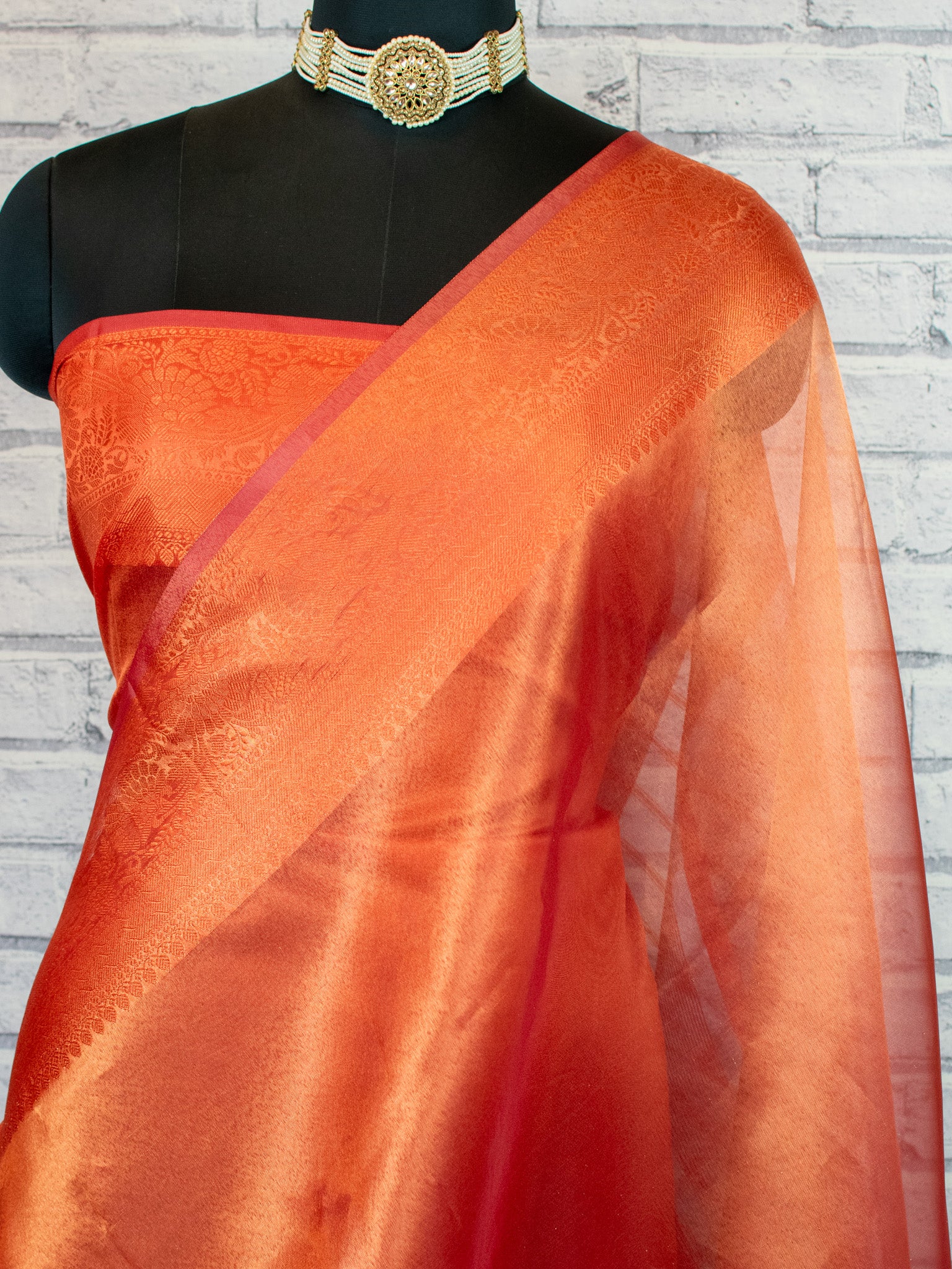 Banarasi Plain Shaded Tissue Saree With Zari Border - Orange